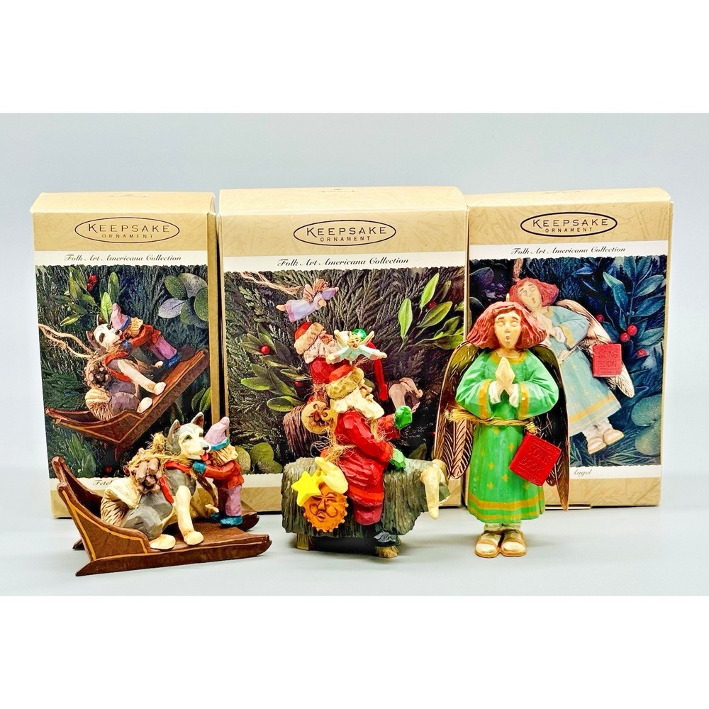 Hallmark Keepsake Folk Art Americana Santa Angel Fetching the‎ Firewood Lot of 3